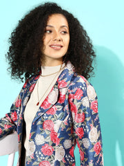 Blue & Pink Floral Print Open Front Blazer-AHBZPSDP-8118