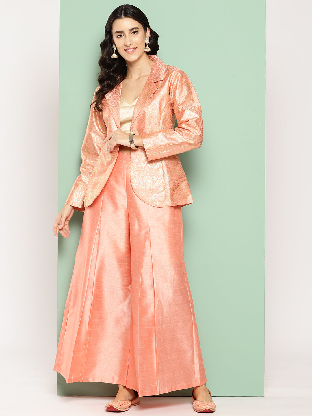 Elegant Peach Silk Coat and Palazzos Co-ord Set for Women