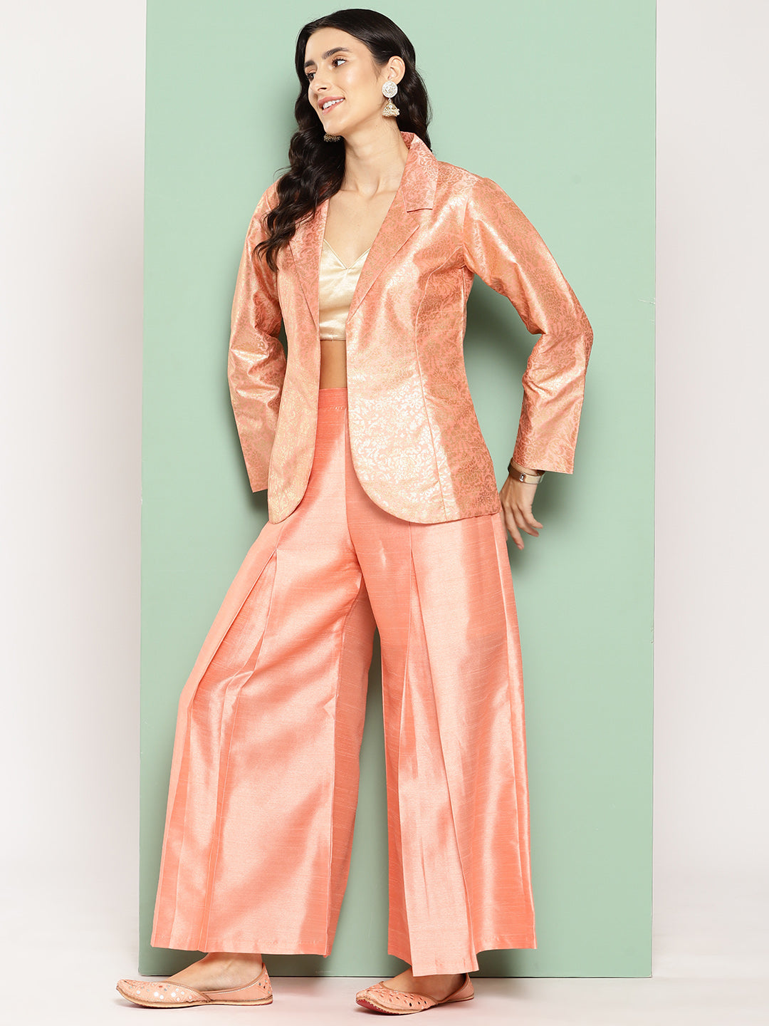 Elegant Peach Silk Coat and Palazzos Co-ord Set for Women