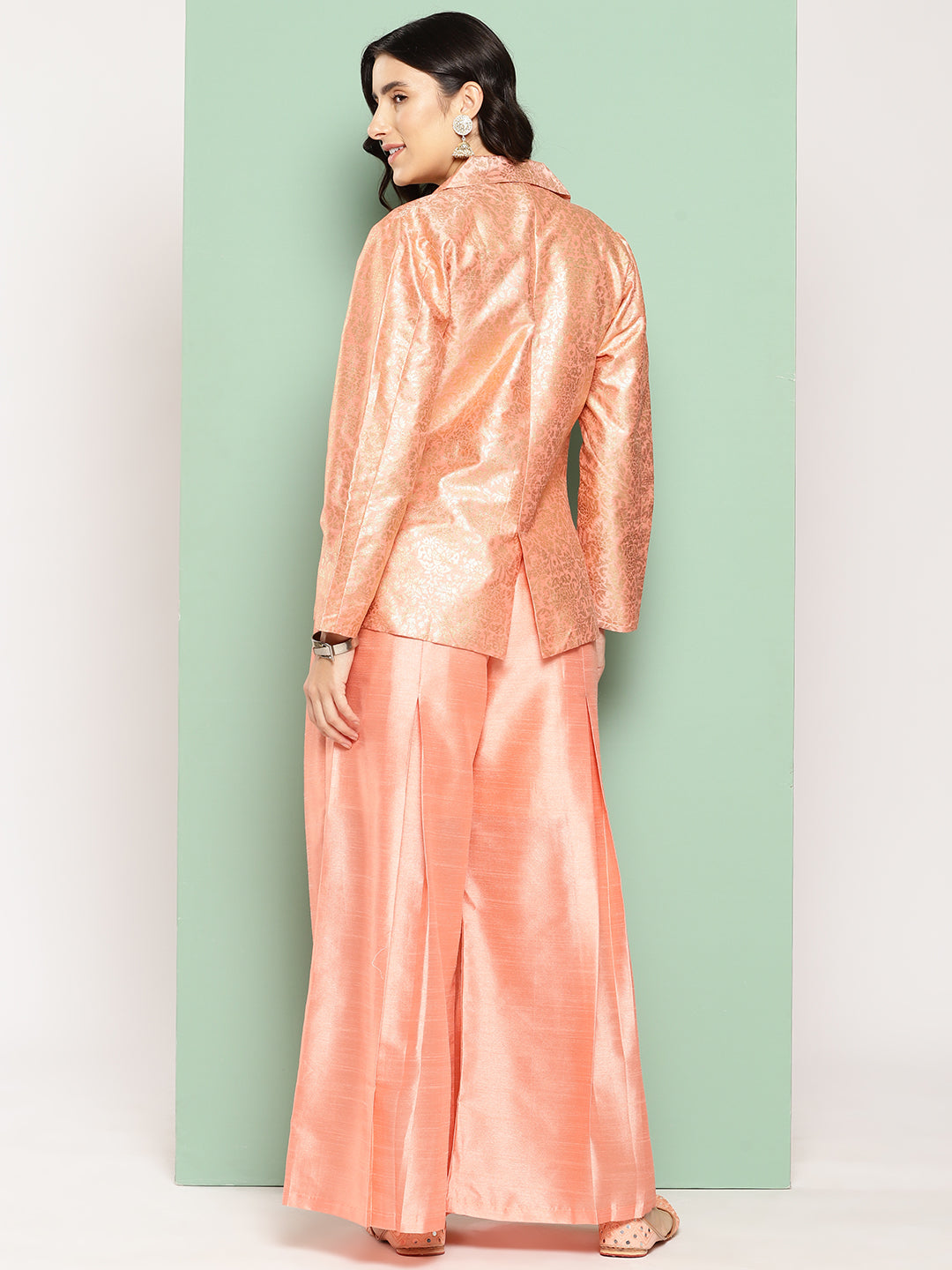 Elegant Peach Silk Coat and Palazzos Co-ord Set for Women