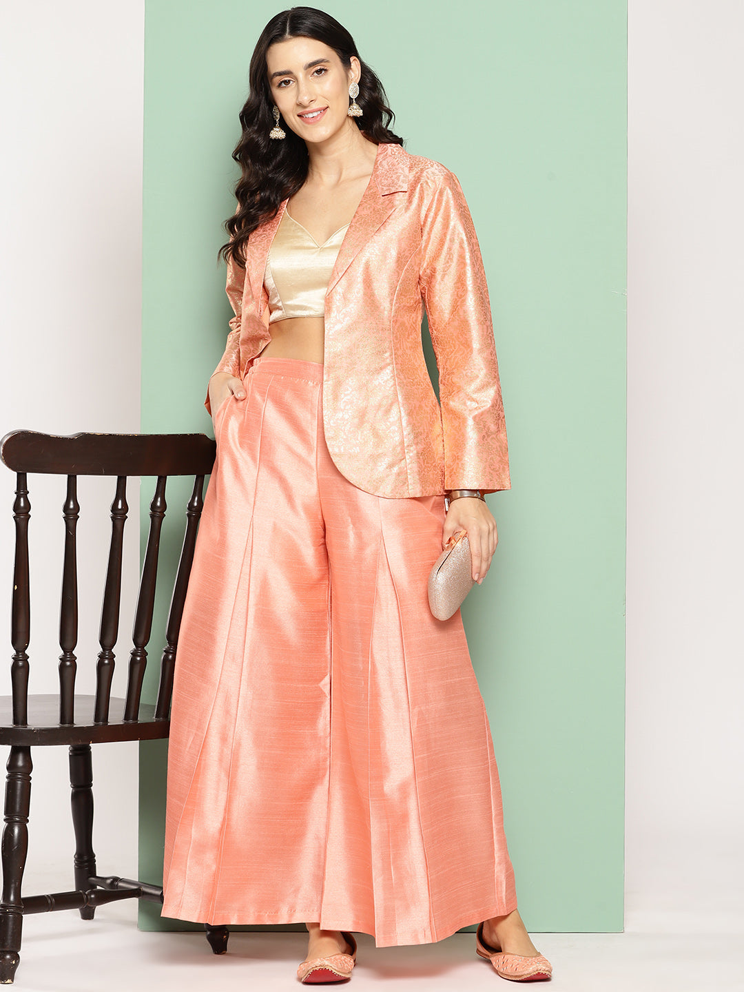 Peach Self Design Coat with Palazzos-AHBZPZ-COMBO-806-ICH