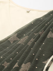 Off White & Olive Green Ethnic Maxi Dress with Attached Dupatta-AHDRCFFP-983-FF