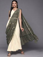 Off White & Olive Green Ethnic Maxi Dress with Attached Dupatta-AHDRCFFP-983-FF
