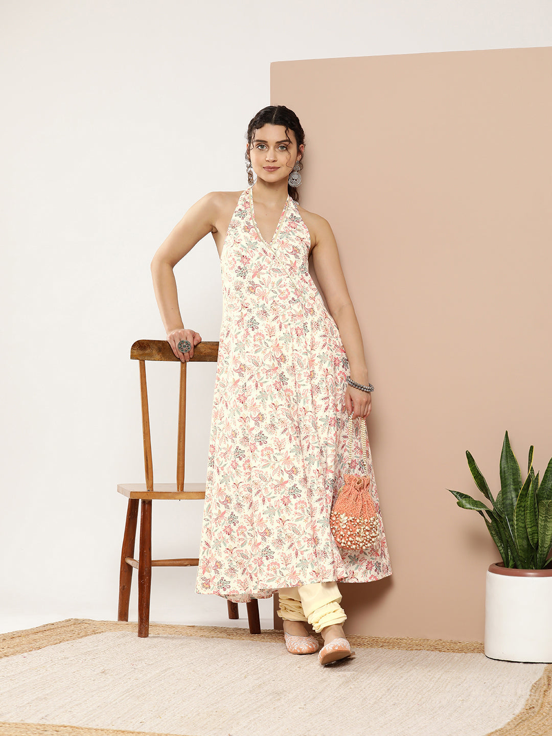 Cream & Pink Floral Printed Gotta Patti Kurta with Churidar-AHDRCH-COMBO-585-ICH