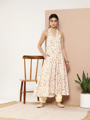 Cream & Pink Floral Printed Gotta Patti Kurta with Churidar-AHDRCH-COMBO-585-ICH