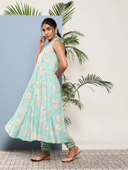 Blue Floral Printed Gotta Patti Kurta with Churidar-AHDRCH-COMBO-595