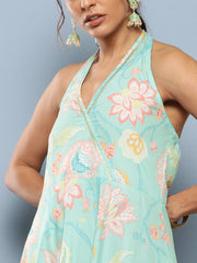 Blue Floral Printed Gotta Patti Kurta with Churidar-AHDRCH-COMBO-595