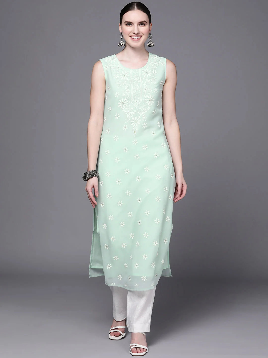 Sea Green Floral Georgette Indian Kurta Ladies - Shop Now!