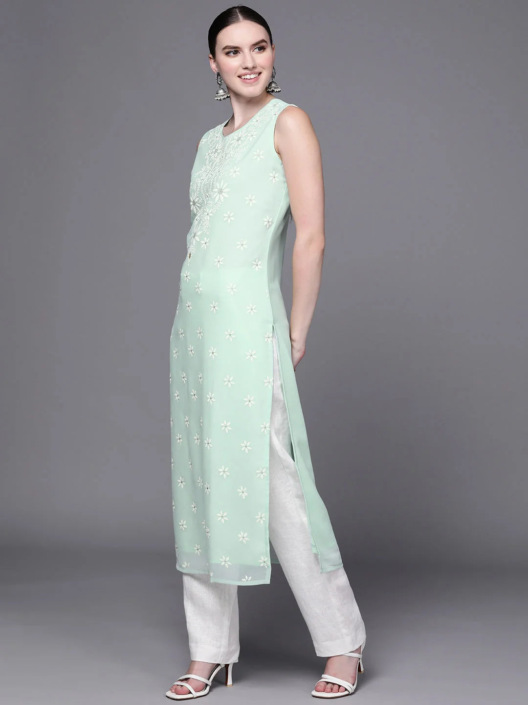 Sea Green Floral Georgette Indian Kurta Ladies - Shop Now!
