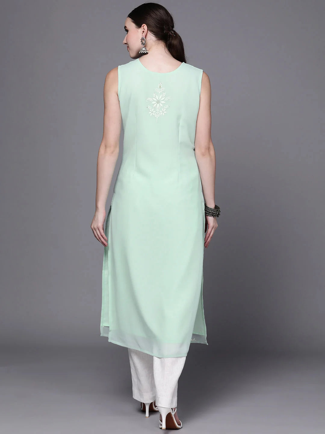 Sea Green Floral Georgette Indian Kurta Ladies - Shop Now!