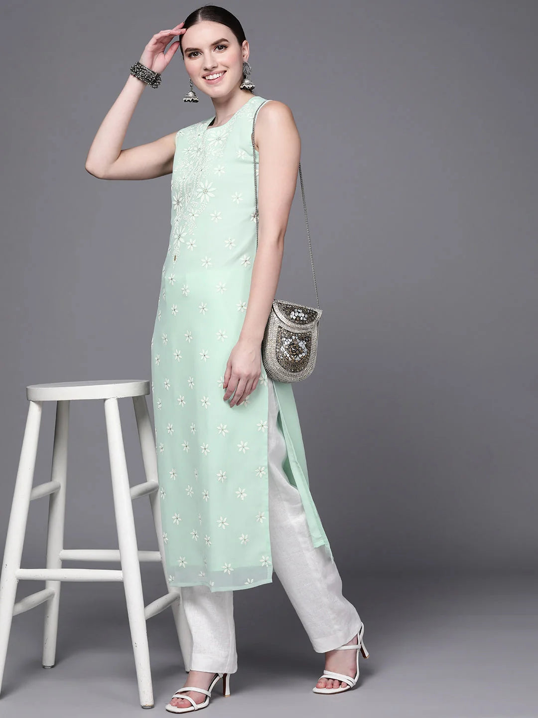 Sea Green Floral Georgette Indian Kurta Ladies - Shop Now!