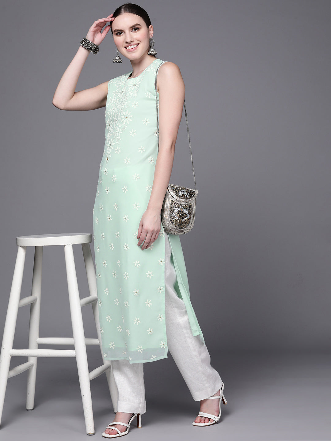 Sea Green Floral Georgette Indian Kurta Ladies - Shop Now!