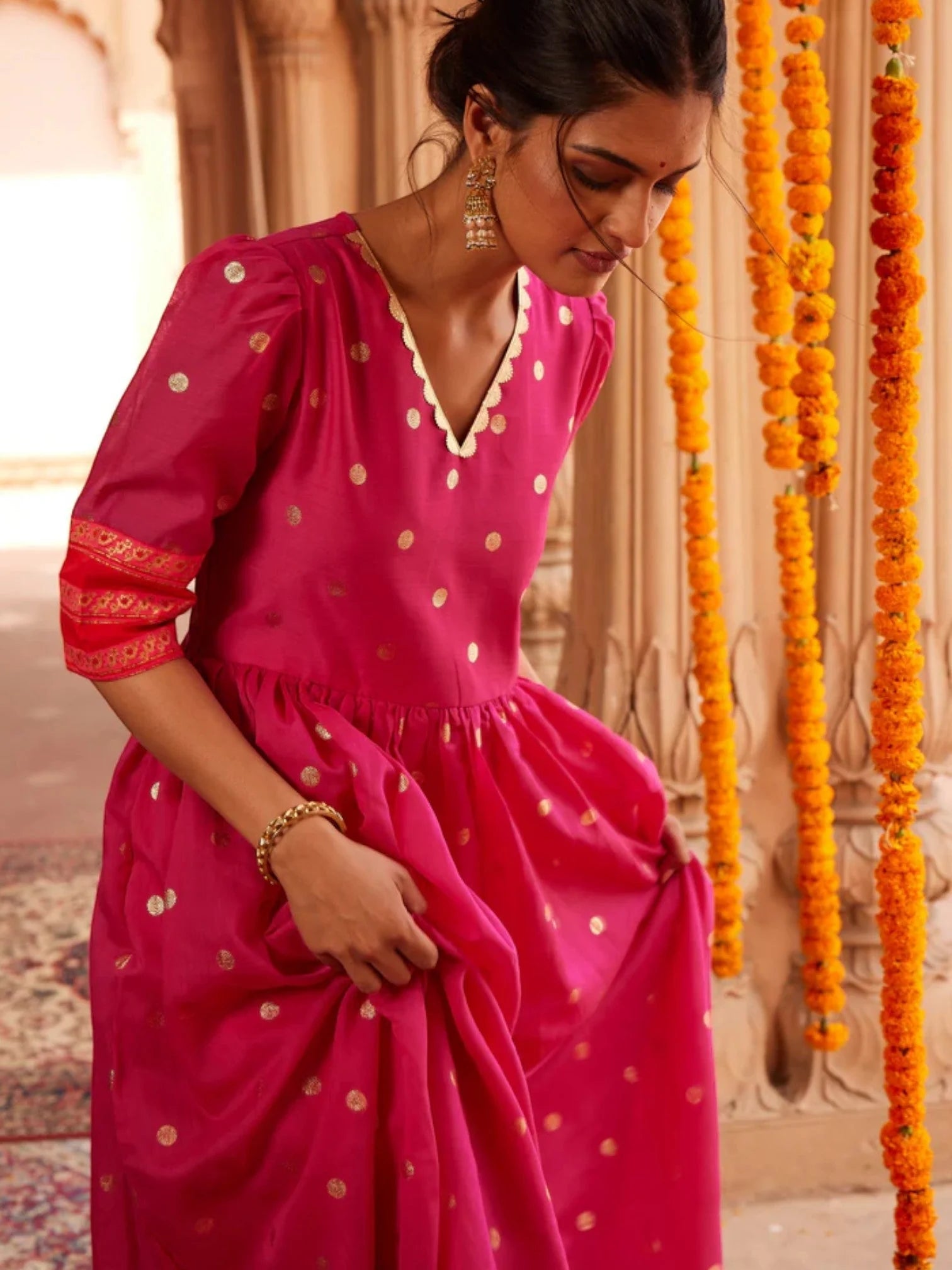 Pink Chanderi Gold Foil Dress | Indian Dresses Online