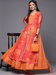 Orange Striped Layered Ethnic Maxi Dress-AHDRCRFP-960-FF