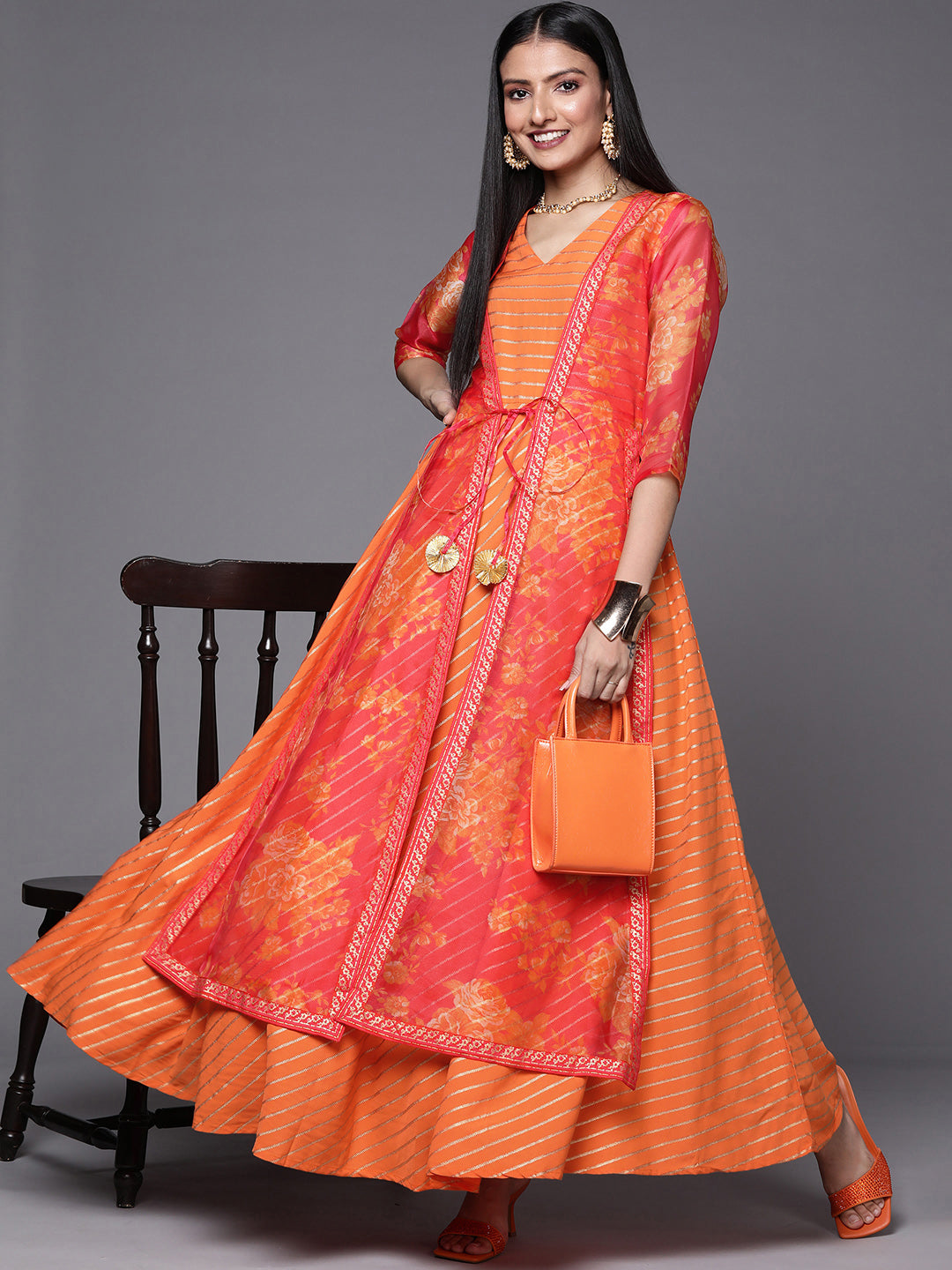 Orange Striped Ethnic Maxi Dress | Indian Dresses Online