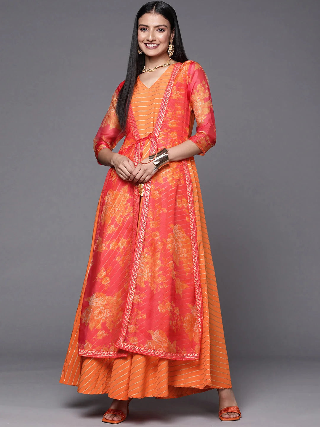 Orange Striped Ethnic Maxi Dress | Indian Dresses Online