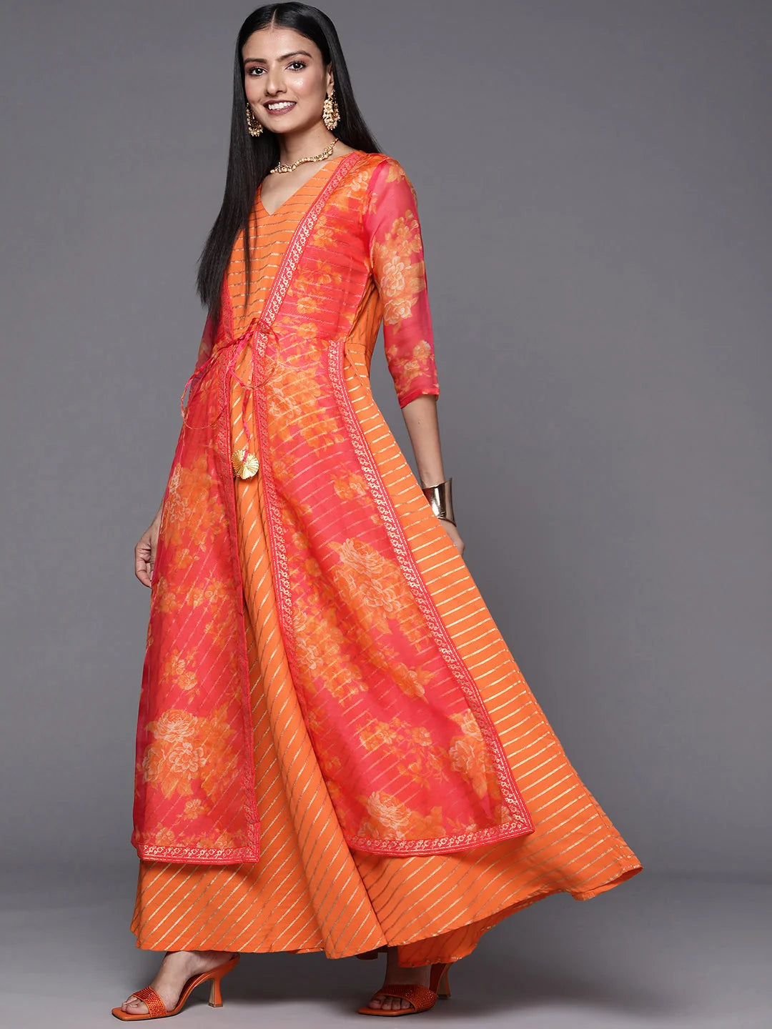 Orange Striped Ethnic Maxi Dress | Indian Dresses Online