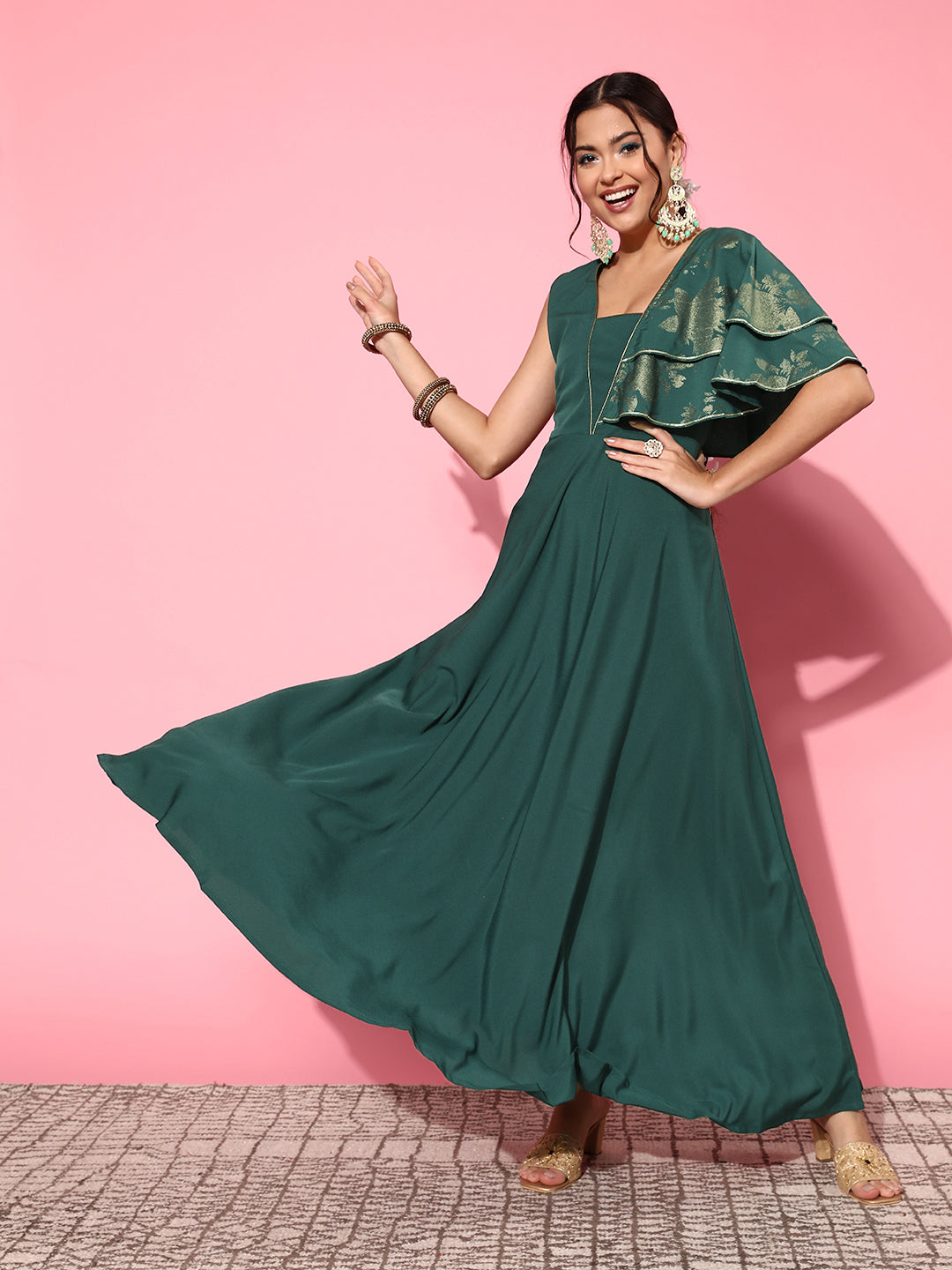 Green Printed Ruffled Western Outfits for Women