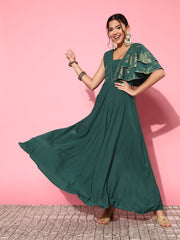 Green Printed Ruffled Dress-AHDRCRFP-984