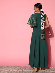 Green Printed Ruffled Dress-AHDRCRFP-984