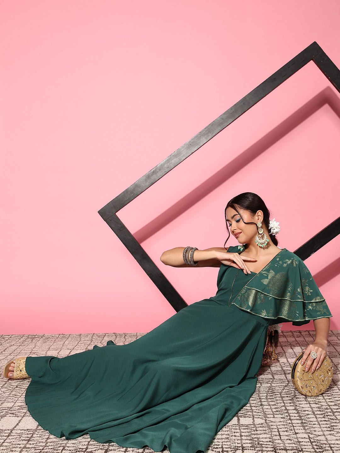 Green Printed Ruffled Western Outfits for Women