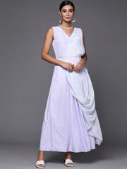 Blue & White Floral Print Ethnic Maxi Dress with Attached Dupatta-AHDRCRGRKHDP-982-FF