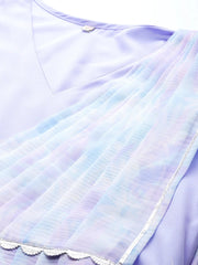 Blue & White Floral Print Ethnic Maxi Dress with Attached Dupatta-AHDRCRGRKHDP-982-FF