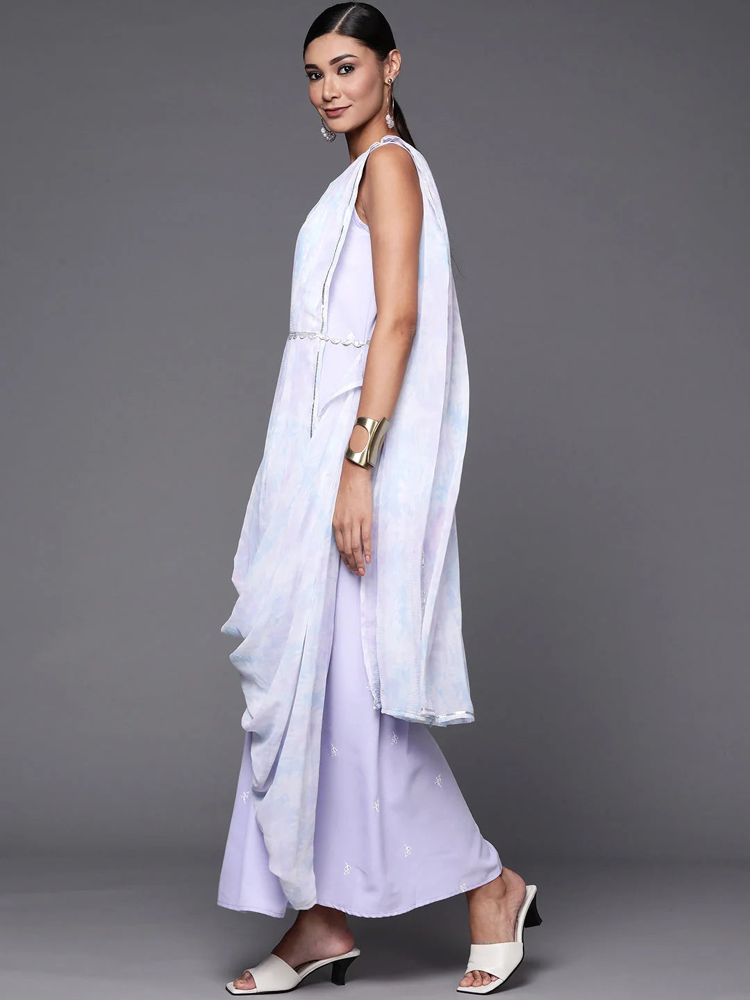 Blue & White Floral Maxi Dress with Dupatta | Indian Dresses