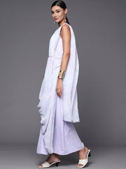 Blue & White Floral Print Ethnic Maxi Dress with Attached Dupatta-AHDRCRGRKHDP-982-FF