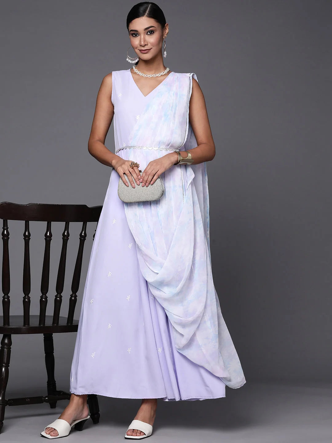 Blue & White Floral Maxi Dress with Dupatta | Indian Dresses