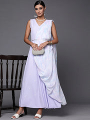 Blue & White Floral Print Ethnic Maxi Dress with Attached Dupatta-AHDRCRGRKHDP-982-FF