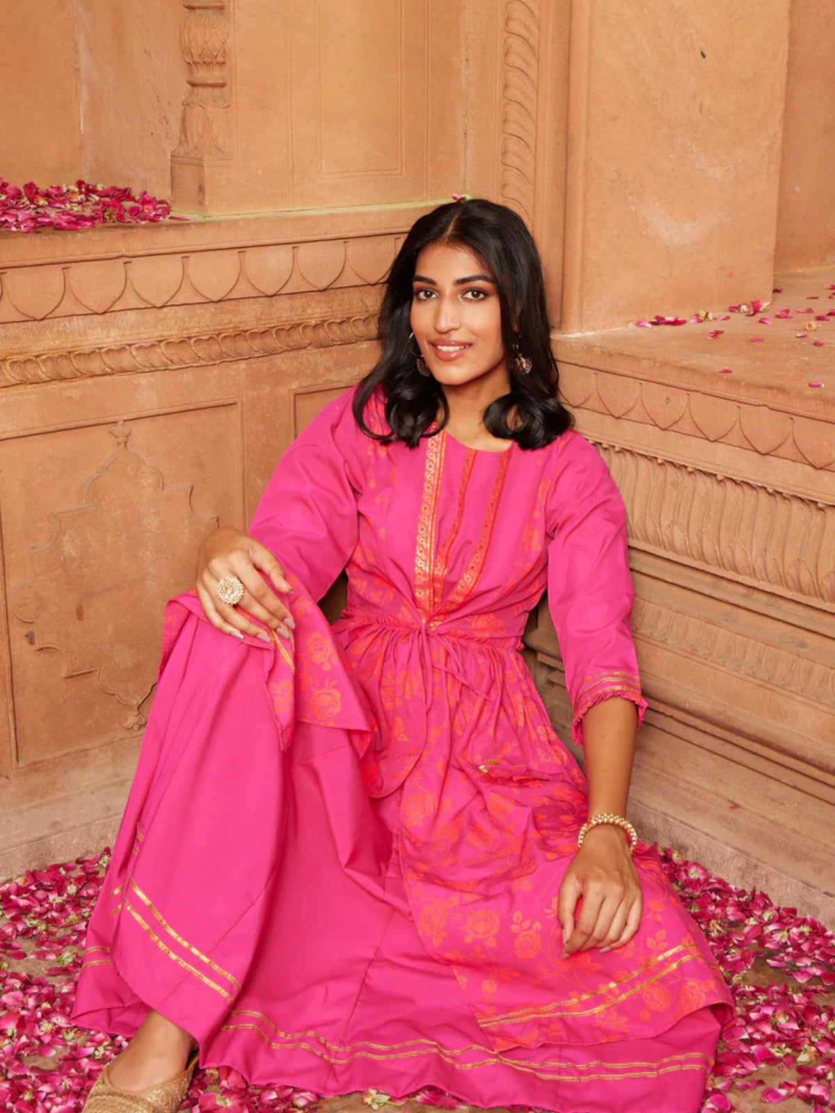Dark Pink Printed Layered Tie- Ups Dress-AHDRCRKH-896
