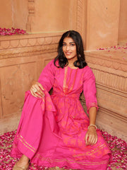 Dark Pink Printed Layered Tie- Ups Dress-AHDRCRKH-896