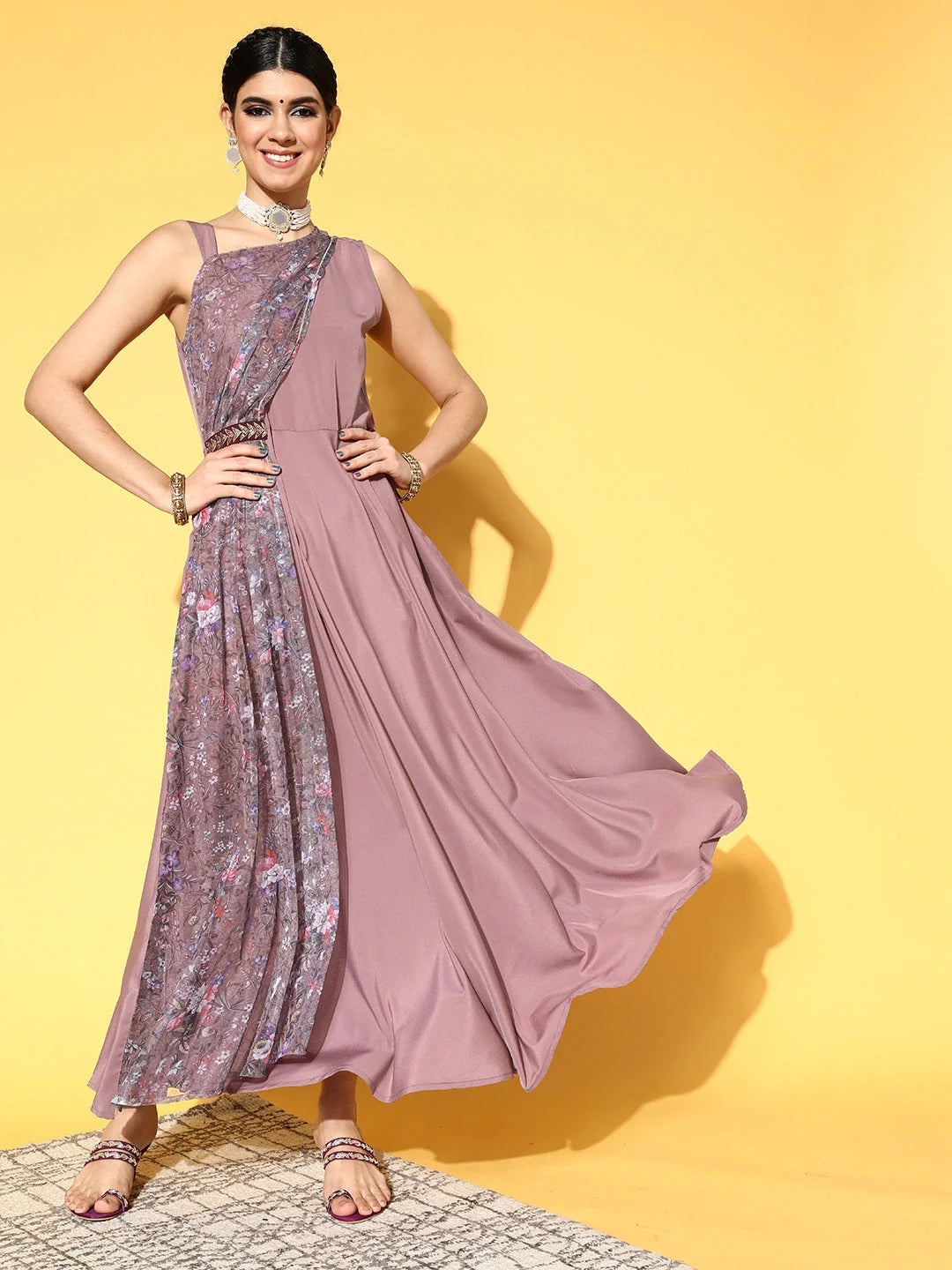 Mauve Floral Printed Maxi Dress-Shop Indian Dresses Online