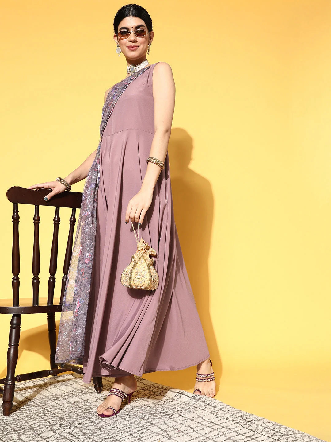 Mauve Floral Printed Maxi Dress-Shop Indian Dresses Online