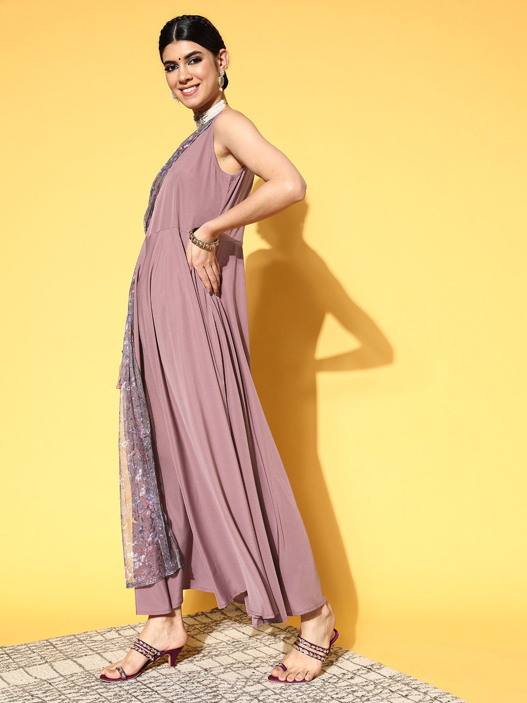 Mauve Floral Printed Maxi Dress-Shop Indian Dresses Online