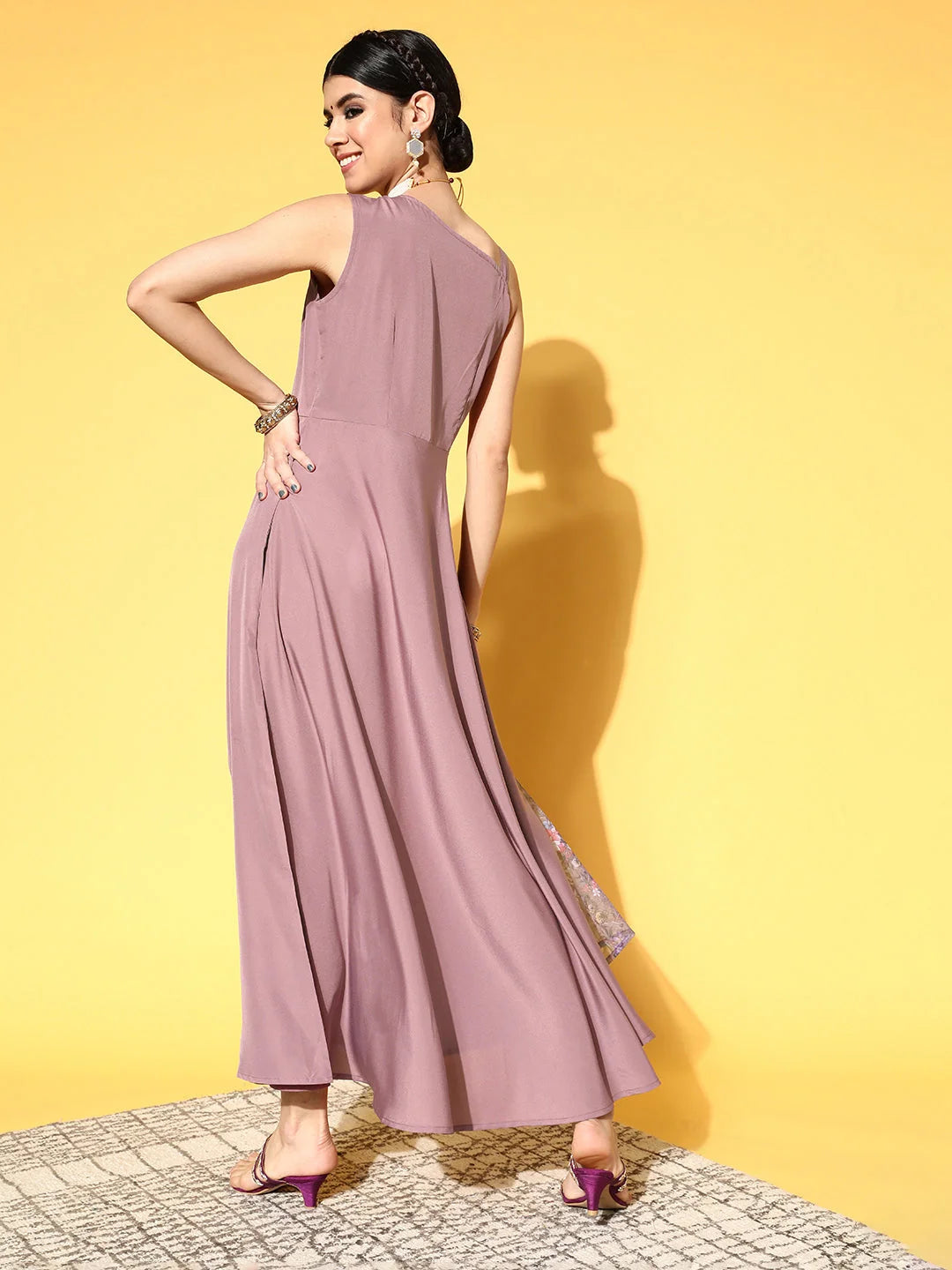 Mauve Floral Printed Maxi Dress-Shop Indian Dresses Online