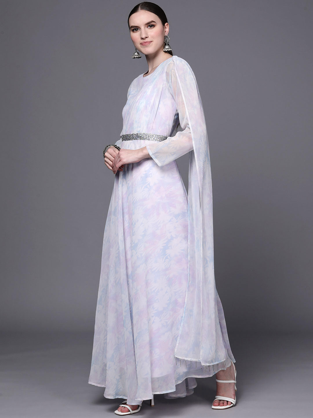 Floral Fit & Flare Maxi Dress | Blue & White Indian Dresses