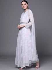 Blue & White Floral Fit & Flare Maxi Ethnic Dress-AHDRGRDP-994-FF
