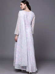 Blue & White Floral Fit & Flare Maxi Ethnic Dress-AHDRGRDP-994-FF