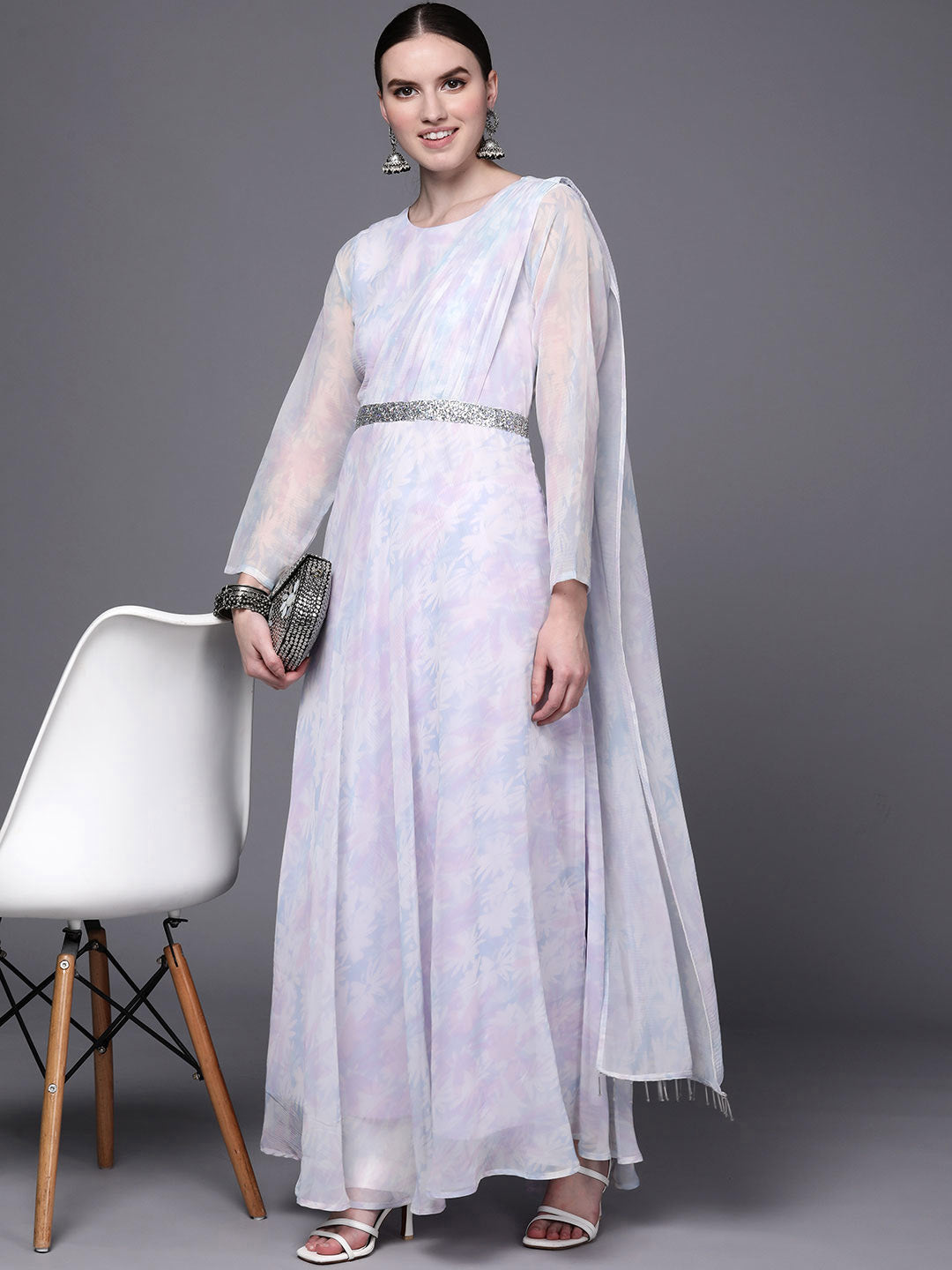 Floral Fit & Flare Maxi Dress | Blue & White Indian Dresses
