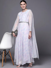Blue & White Floral Fit & Flare Maxi Ethnic Dress-AHDRGRDP-994-FF
