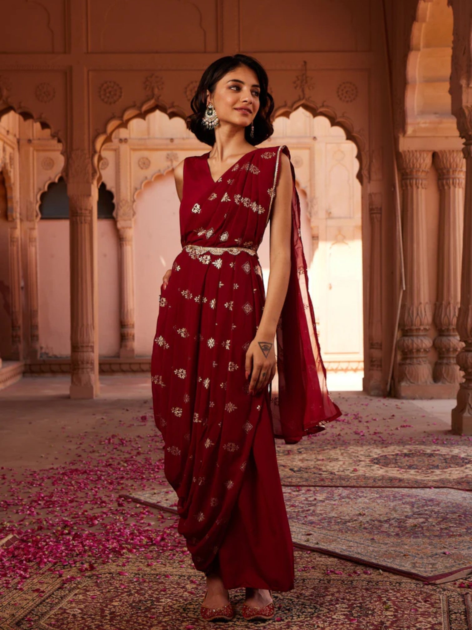 Maroon Printed Saree Dress - Trendy Indian Dresses Online