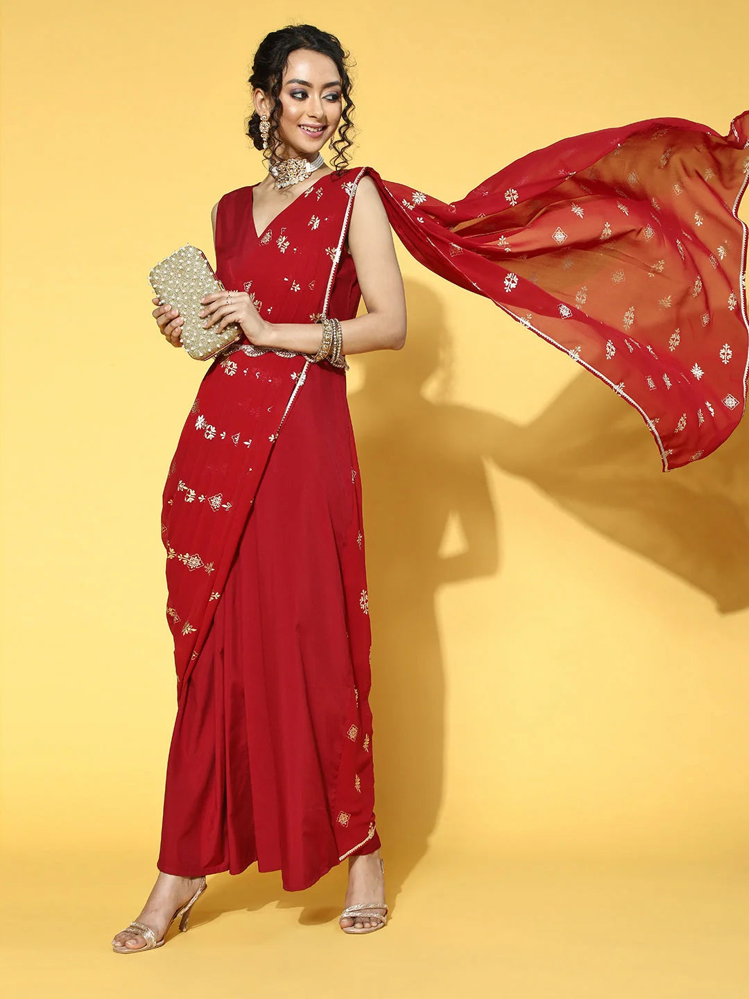 Maroon Printed Saree Dress - Trendy Indian Dresses Online