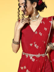 Maroon Crepe Georgette Printed Saree Dress With Printed Pallu-AHDRGRFP-926-FF