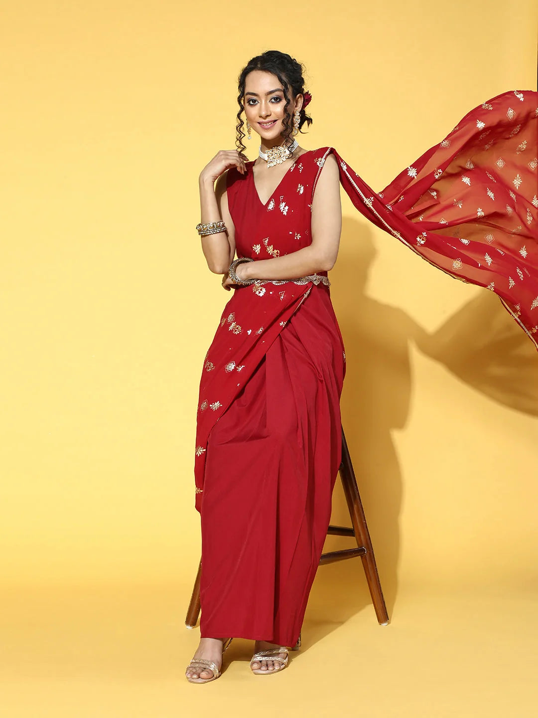 Maroon Printed Saree Dress - Trendy Indian Dresses Online
