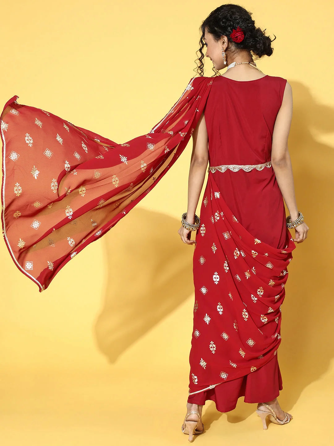 Maroon Printed Saree Dress - Trendy Indian Dresses Online