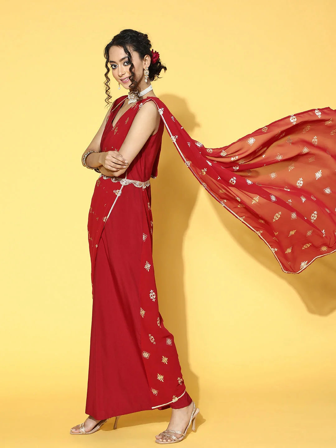 Maroon Printed Saree Dress - Trendy Indian Dresses Online