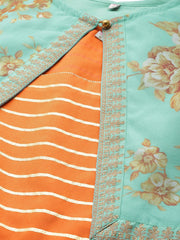 Women Orange & Sea Green Striped Maxi Dress with Ethnic Jacket-AHDRJK-COMBO-313