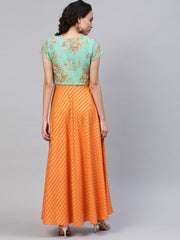 Women Orange & Sea Green Striped Maxi Dress with Ethnic Jacket-AHDRJK-COMBO-313